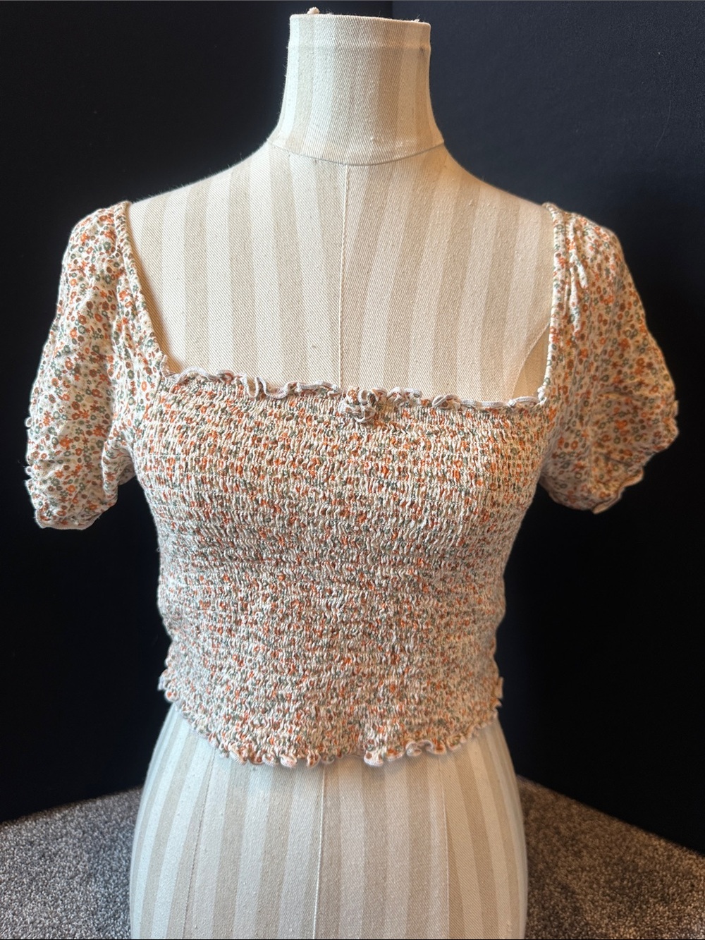 aerie Orange and Cream Smocked Floral Square-Neck Crop Top